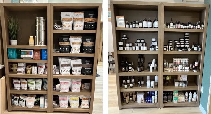 Supplements on two bookshelves.